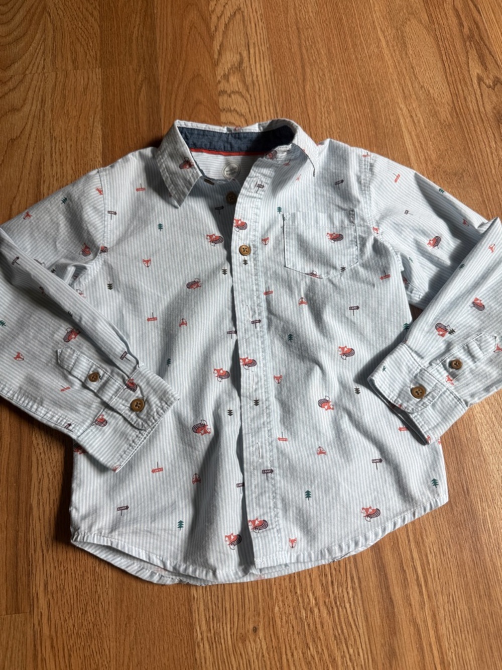 Boys Light Blue Striped Button-Down Shirt with Fox Camp Print 5T Wonder Nation